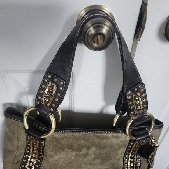 Franco Sarto Green and Brown Shoulder Bag with Gold Accent Vintage Boho Design - Picture 2 of 13